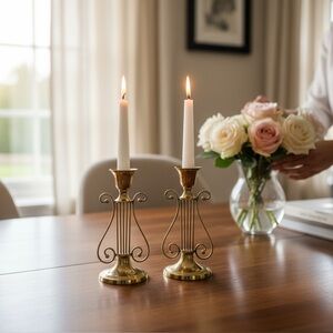 Vintage Brass Harp Lyre Candle Holders‎ Set of 2